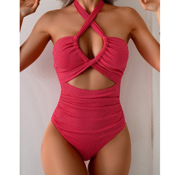Ribbed Cut out Halter tie One Piece Monokini Swimsuit - Picture 1 of 9